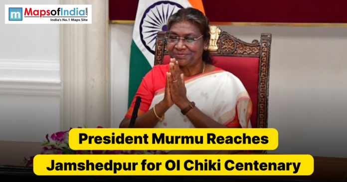 President Draupadi Murmu greets with folded hands at Ol Chiki centenary event in Jamshedpur.