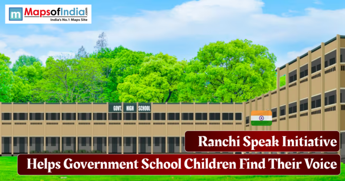 Illustration of a government high school building in Ranchi with greenery, highlighting the Ranchi Speak Initiative that empowers government school children to find their voice.