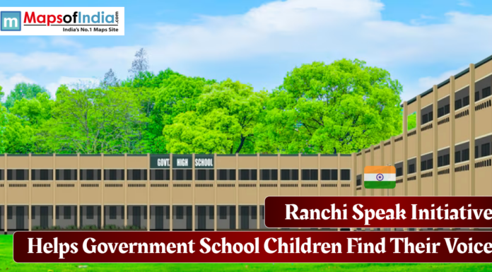 Ranchi Speak Initiative Helps Government School Children Find Their Voice Illustration of a government high school building in Ranchi with greenery, highlighting the Ranchi Speak Initiative that empowers government school children to find their voice.