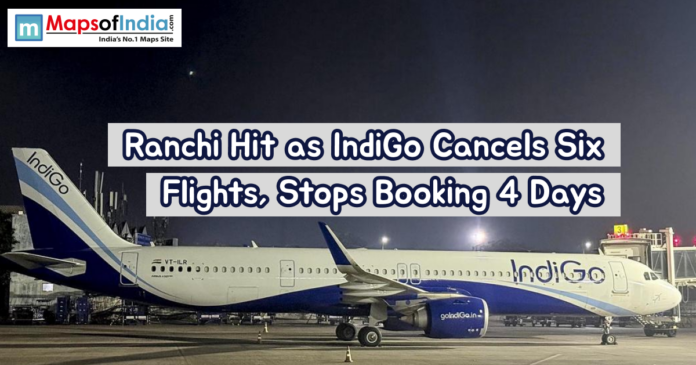 Ranchi Hit as indigo An IndiGo aircraft parked on an airport tarmac at night, illuminated by runway lights. A headline overlay reports flight cancellations and halted bookings in Ranchi.