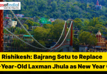 Rishikesh: Bajrang Setu to Replace 100-Year-Old Laxman Jhula as New Year Gift Bajrang Setu suspension bridge in Rishikesh over the Ganga River, set to replace the 100-year-old Laxman Jhula, with hills and temples in the background.
