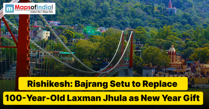 Bajrang Setu suspension bridge in Rishikesh over the Ganga River, set to replace the 100-year-old Laxman Jhula, with hills and temples in the background.