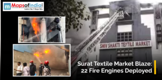 Surat Textile Market Blaze: 22 Fire Engines Deployed Massive fire engulfs Surat Textile Market with thick smoke rising, while fire engines and firefighters work to control the blaze