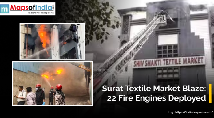 Surat Textile Market Blaze: 22 Fire Engines Deployed Massive fire engulfs Surat Textile Market with thick smoke rising, while fire engines and firefighters work to control the blaze