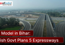UP Model in Bihar: Nitish Govt Plans 5 Expressways Aerial view of a modern multi-lane expressway interchange with flyovers and vehicles, depicting infrastructure development, alongside the headline “UP Model in Bihar: Nitish Govt Plans 5 Expressways” and the Maps of India logo.
