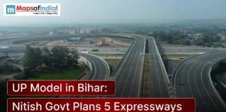 UP Model in Bihar: Nitish Govt Plans 5 Expressways Aerial view of a modern multi-lane expressway interchange with flyovers and vehicles, depicting infrastructure development, alongside the headline “UP Model in Bihar: Nitish Govt Plans 5 Expressways” and the Maps of India logo.