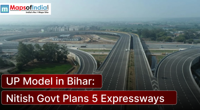 UP Model in Bihar: Nitish Govt Plans 5 Expressways Aerial view of a modern multi-lane expressway interchange with flyovers and vehicles, depicting infrastructure development, alongside the headline “UP Model in Bihar: Nitish Govt Plans 5 Expressways” and the Maps of India logo.
