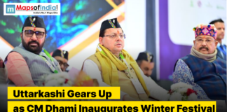 Uttarkashi Gears Up as CM Dhami Inaugurates Winter Festival Pushkar Singh Dhami sitting on a stage with his ministers
