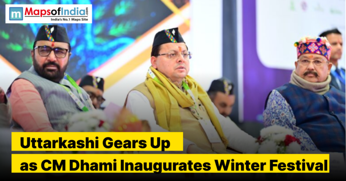 Pushkar Singh Dhami sitting on a stage with his ministers