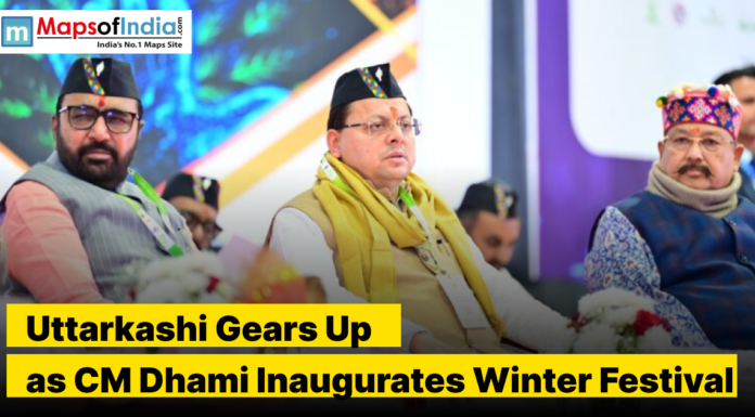 Uttarkashi Gears Up as CM Dhami Inaugurates Winter Festival Pushkar Singh Dhami sitting on a stage with his ministers