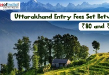 Uttarakhand Entry Fees Set Between ₹80 and ₹700 A scenic landscape of the Himalayan mountains in Uttarakhand featuring a small stone house and green hills, with text overlay stating, "Uttarakhand Entry Fees Set Between ₹80 and ₹700."