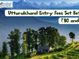 A scenic landscape of the Himalayan mountains in Uttarakhand featuring a small stone house and green hills, with text overlay stating, "Uttarakhand Entry Fees Set Between ₹80 and ₹700."