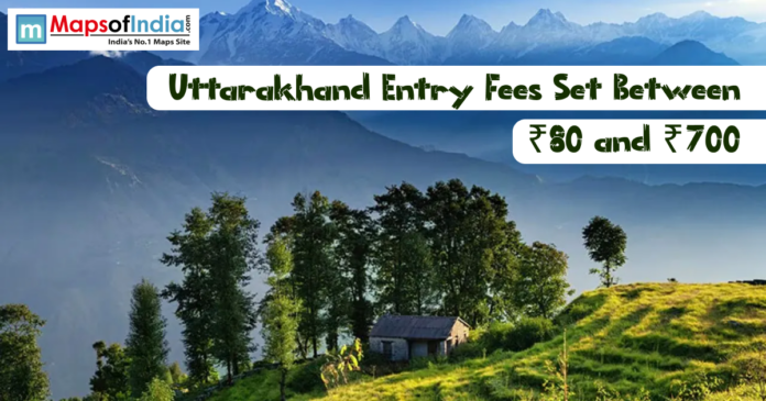 A scenic landscape of the Himalayan mountains in Uttarakhand featuring a small stone house and green hills, with text overlay stating, 