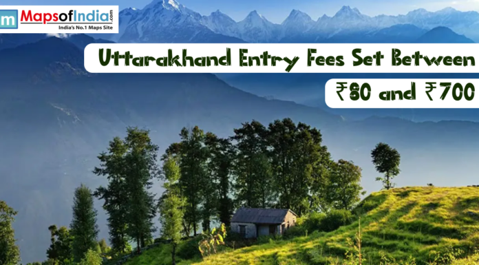 Uttarakhand Entry Fees Set Between ₹80 and ₹700 A scenic landscape of the Himalayan mountains in Uttarakhand featuring a small stone house and green hills, with text overlay stating, "Uttarakhand Entry Fees Set Between ₹80 and ₹700."