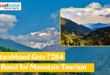 Uttarakhand Gets ₹284 Cr Boost for Mountain Tourism Scenic mountains of Uttarakhand with a headline announcing a ₹284 crore boost for mountain tourism, featuring landscapes and lush green valleys.