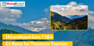 Uttarakhand Gets ₹284 Cr Boost for Mountain Tourism Scenic mountains of Uttarakhand with a headline announcing a ₹284 crore boost for mountain tourism, featuring landscapes and lush green valleys.