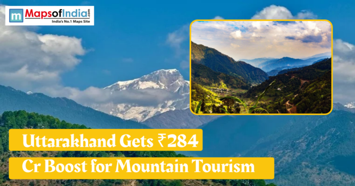 Uttarakhand(1) (2) Scenic mountains of Uttarakhand with a headline announcing a ₹284 crore boost for mountain tourism, featuring landscapes and lush green valleys.