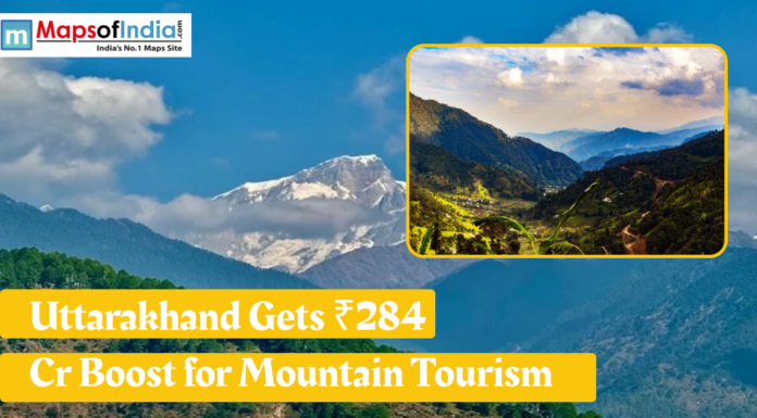 Uttarakhand Gets ₹284 Cr Boost for Mountain Tourism Scenic mountains of Uttarakhand with a headline announcing a ₹284 crore boost for mountain tourism, featuring landscapes and lush green valleys.