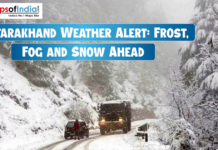 Uttarakhand Weather Alert: Frost, Fog and Snow Ahead Snow-covered road in Uttarakhand with vehicles moving slowly as heavy frost, fog, and snowfall create hazardous winter conditions.
