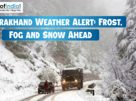 Uttarakhand Weather Alert: Frost, Fog and Snow Ahead Snow-covered road in Uttarakhand with vehicles moving slowly as heavy frost, fog, and snowfall create hazardous winter conditions.
