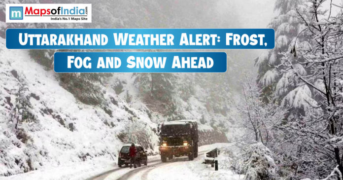 Snow-covered road in Uttarakhand with vehicles moving slowly as heavy frost, fog, and snowfall create hazardous winter conditions.