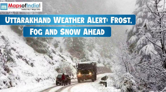 Uttarakhand Weather Alert: Frost, Fog and Snow Ahead Snow-covered road in Uttarakhand with vehicles moving slowly as heavy frost, fog, and snowfall create hazardous winter conditions.