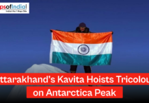 Uttarakhand’s Kavita Hoists Tricolour on Antarctica Peak A woman standing on a snowy Antarctic peak holding the Indian national flag, with a headline reading “Uttarakhand’s Kavita Hoists Tricolour on Antarctica Peak” and Maps of India logo.