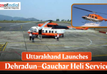 Uttarakhand Launches Dehradun–Gauchar Heli Service An orange and white helicopter on a tarmac, with a smaller inset image of a similar helicopter flying, beneath a headline: "Uttarakhand Launches Dehradun—Gauchar Heli Service".