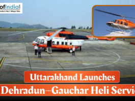 Uttarakhand Launches Dehradun–Gauchar Heli Service An orange and white helicopter on a tarmac, with a smaller inset image of a similar helicopter flying, beneath a headline: "Uttarakhand Launches Dehradun—Gauchar Heli Service".