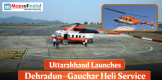Uttarakhand Launches Dehradun–Gauchar Heli Service An orange and white helicopter on a tarmac, with a smaller inset image of a similar helicopter flying, beneath a headline: "Uttarakhand Launches Dehradun—Gauchar Heli Service".