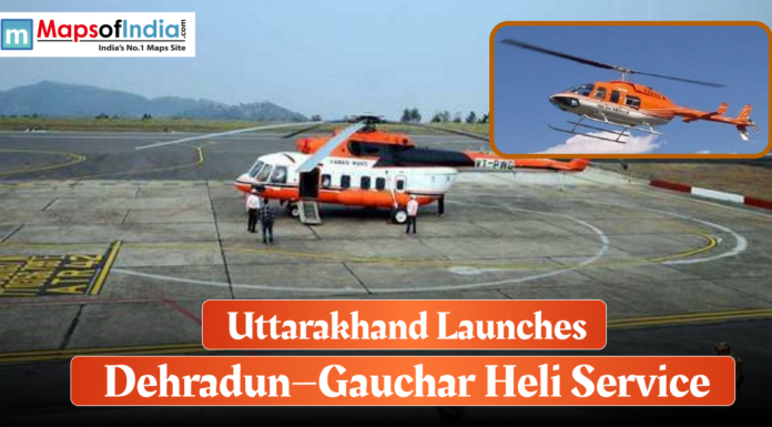 Uttarakhand Launches Dehradun–Gauchar Heli Service An orange and white helicopter on a tarmac, with a smaller inset image of a similar helicopter flying, beneath a headline: "Uttarakhand Launches Dehradun—Gauchar Heli Service".
