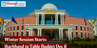Winter Session Starts: Jharkhand to Table Budget Dec 8 Front view of the Jharkhand Legislative Assembly building with flags flying, overlaid text reading “Winter Session Starts: Jharkhand to Table Budget Dec 8.”