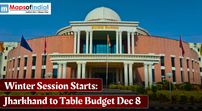 Winter Session Starts: Jharkhand to Table Budget Dec 8 Front view of the Jharkhand Legislative Assembly building with flags flying, overlaid text reading “Winter Session Starts: Jharkhand to Table Budget Dec 8.”