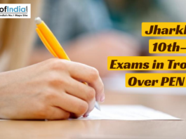 A close-up of a student’s hand writing with a yellow pen on an exam sheet, with a headline overlay reading “Jharkhand 10th–12th Exams in Trouble Over PEN Rule,” and the Maps of India logo in the top left corner.