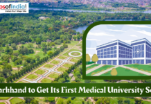 Jharkhand to Get Its First Medical University Soon An aerial view of a lush green park in Jharkhand featuring a lake and geometric gardens, overlaid with a graphic of a modern hospital building and text that reads, "Jharkhand to Get Its First Medical University Soon."