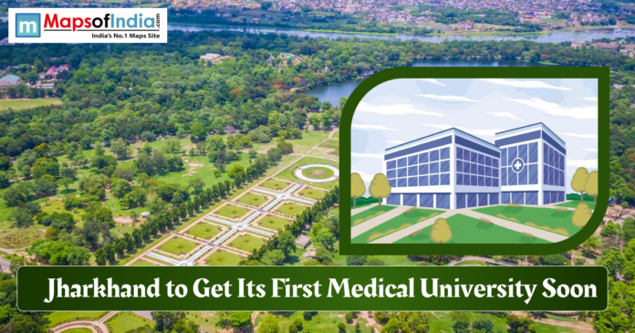 An aerial view of a lush green park in Jharkhand featuring a lake and geometric gardens, overlaid with a graphic of a modern hospital building and text that reads, 