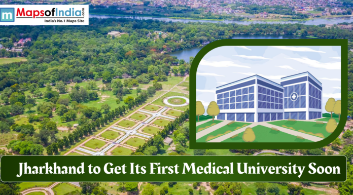 Jharkhand to Get Its First Medical University Soon An aerial view of a lush green park in Jharkhand featuring a lake and geometric gardens, overlaid with a graphic of a modern hospital building and text that reads, "Jharkhand to Get Its First Medical University Soon."