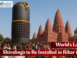 Devotees gather as the world’s largest Shivalinga is showcased ahead of its installation in Bihar, with a grand temple complex visible in the background.