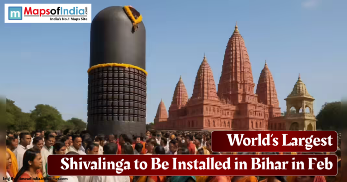 world's Lagest Devotees gather as the world’s largest Shivalinga is showcased ahead of its installation in Bihar, with a grand temple complex visible in the background.