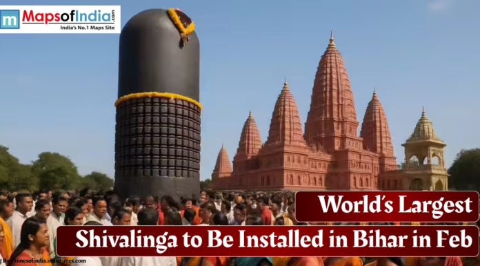 World’s Largest Shivalinga to Be Installed in Bihar in Feb Devotees gather as the world’s largest Shivalinga is showcased ahead of its installation in Bihar, with a grand temple complex visible in the background.