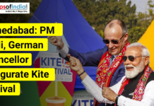 Ahmedabad: PM Modi, German Chancellor Inaugurate Kite Festival Two political leaders flying kites at an outdoor event in Ahmedabad, with colorful kites in the background and on-image text announcing the inauguration of a kite festival, alongside the Maps of India logo.