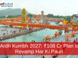Aerial view of Har Ki Pauri ghat in Haridwar with pilgrims bathing in the Ganga River, colorful bridges and temples visible, highlighting preparations for Ardh Kumbh 2027 redevelopment.