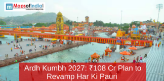 Ardh Kumbh 2027: ₹108 Cr Plan to Revamp Har Ki Pauri Aerial view of Har Ki Pauri ghat in Haridwar with pilgrims bathing in the Ganga River, colorful bridges and temples visible, highlighting preparations for Ardh Kumbh 2027 redevelopment.