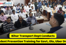 Bihar Transport Dept Conducts Accident Prevention Training for Govt, Ola, Uber Drivers A line of yellow taxis and a bus drive along a city street in Bihar next to text stating that the Bihar Transport Department has launched accident prevention training for government, Ola, and Uber drivers