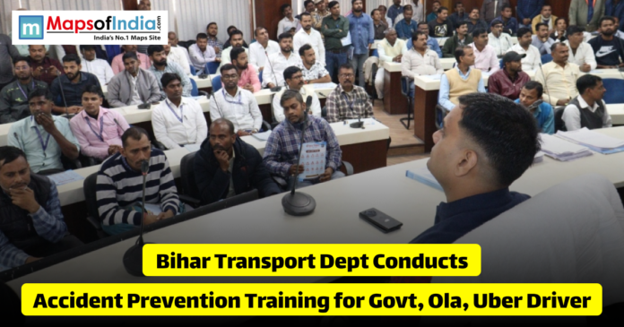 A line of yellow taxis and a bus drive along a city street in Bihar next to text stating that the Bihar Transport Department has launched accident prevention training for government, Ola, and Uber drivers