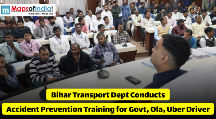 Bihar Transport Dept Conducts Accident Prevention Training for Govt, Ola, Uber Drivers A line of yellow taxis and a bus drive along a city street in Bihar next to text stating that the Bihar Transport Department has launched accident prevention training for government, Ola, and Uber drivers