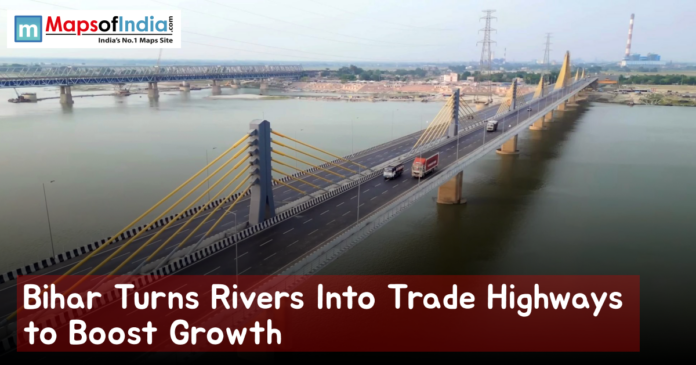 Aerial view of a modern cable-stayed bridge spanning a wide river in Bihar, with trucks and vehicles crossing, showcasing waterways and infrastructure development aimed at boosting trade and economic growth.