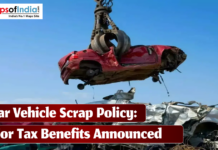 Bihar Vehicle Scrap Policy: Major Tax Benefits Announced A crane claw lifting a crushed red car over a pile of scrap with text reading "Bihar Vehicle Scrap Policy: Major Tax Benefits Announced."