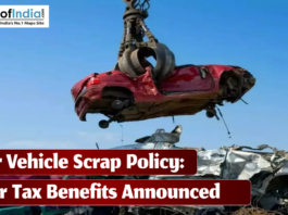 Bihar Vehicle Scrap Policy: Major Tax Benefits Announced A crane claw lifting a crushed red car over a pile of scrap with text reading "Bihar Vehicle Scrap Policy: Major Tax Benefits Announced."