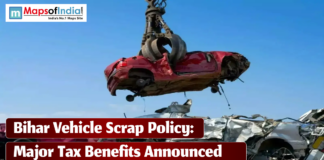 Bihar Vehicle Scrap Policy: Major Tax Benefits Announced A crane claw lifting a crushed red car over a pile of scrap with text reading "Bihar Vehicle Scrap Policy: Major Tax Benefits Announced."